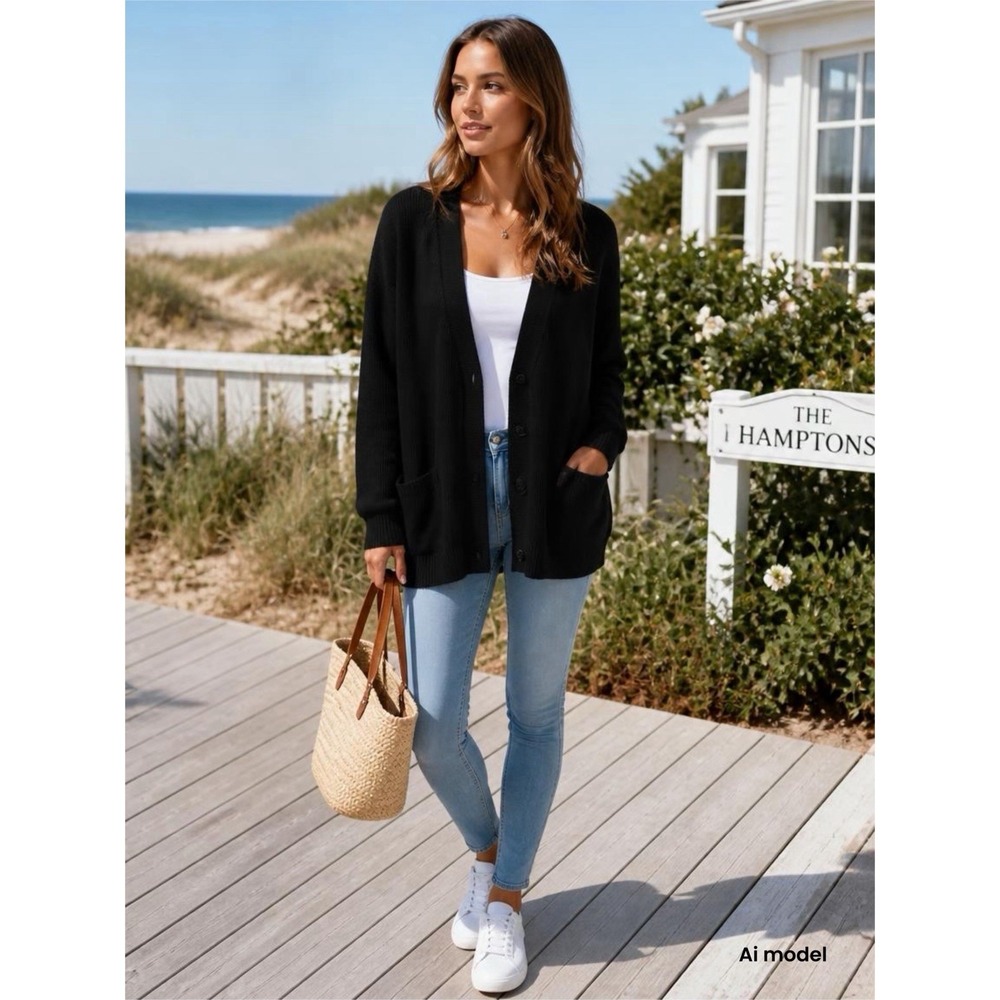 Gap Womens Large Tall Black Knit V-Neck Button Front Cardigan Sweater